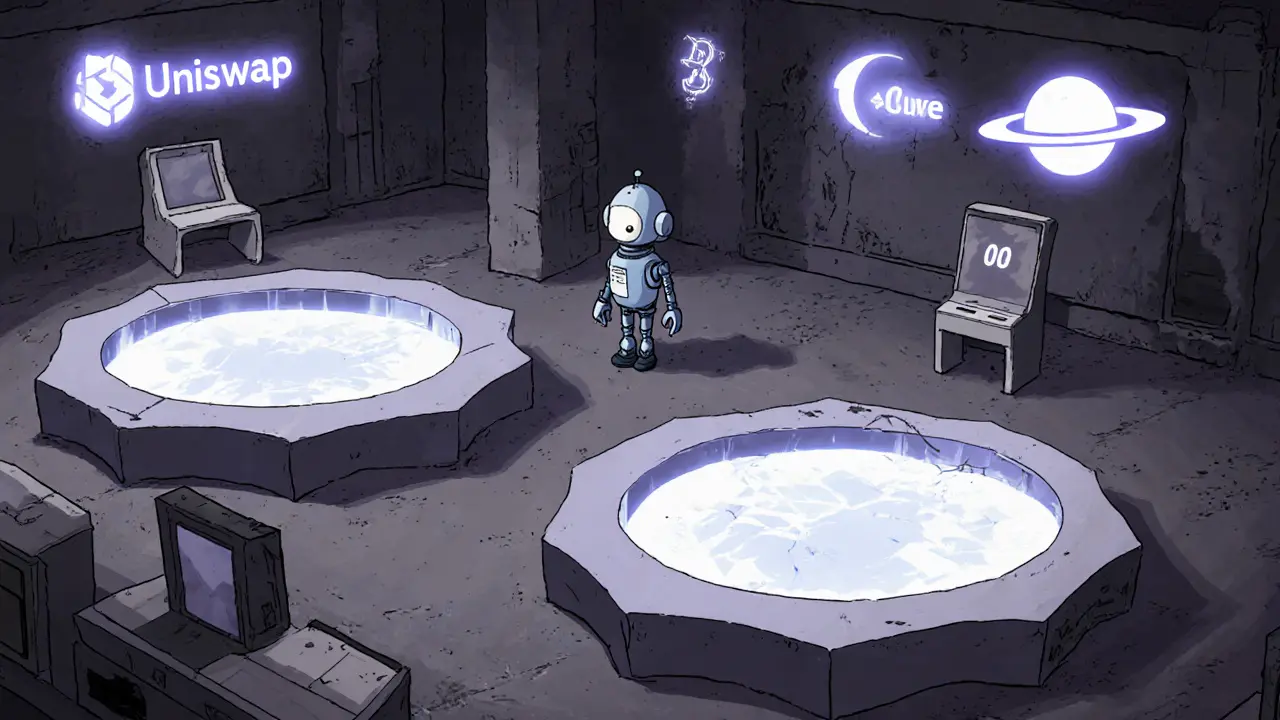 Empty trading floor with hollow liquidity pools and a lone bot, Saturn&#039;s logo fading into dust.