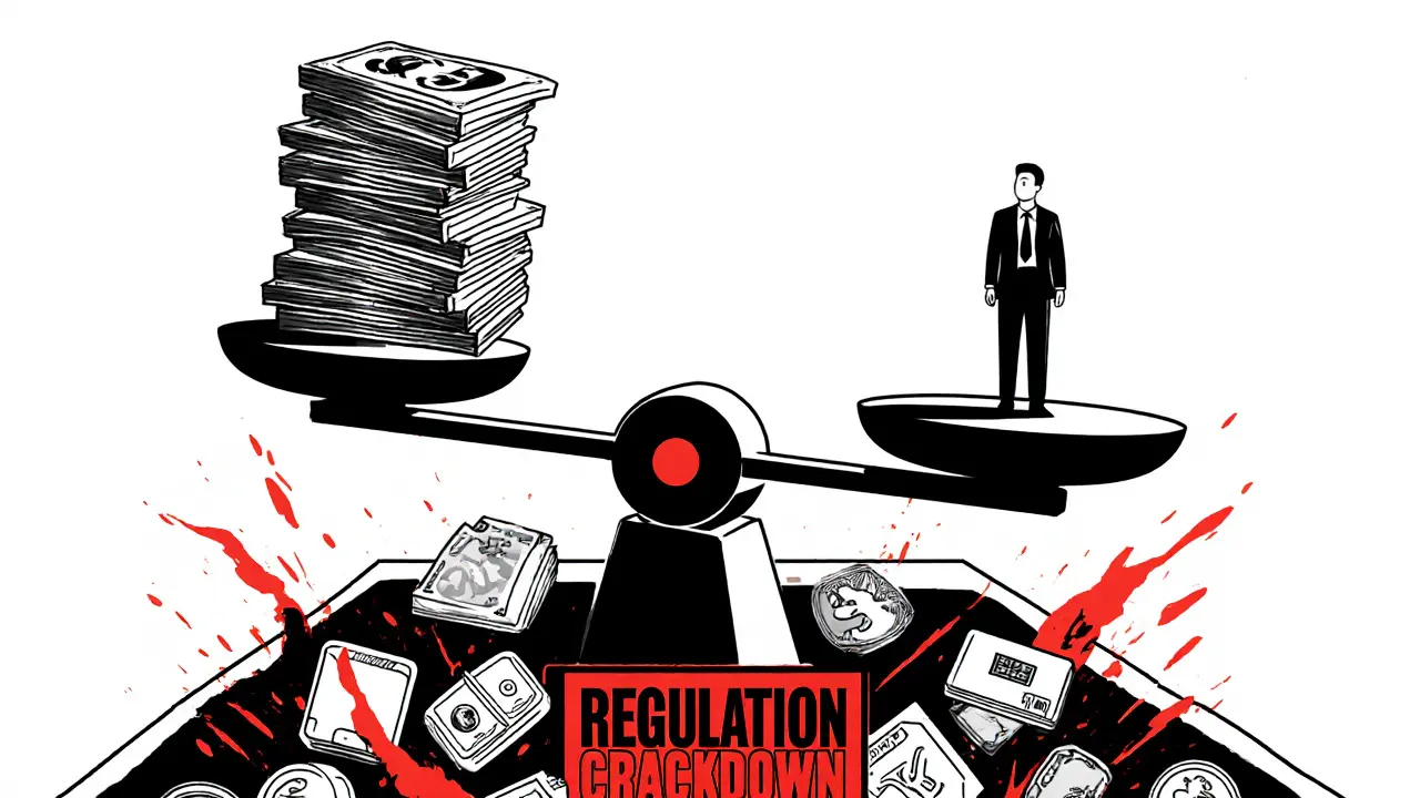A balance scale weighs a 0M fine against a lone executive, surrounded by collapsing financial sectors.