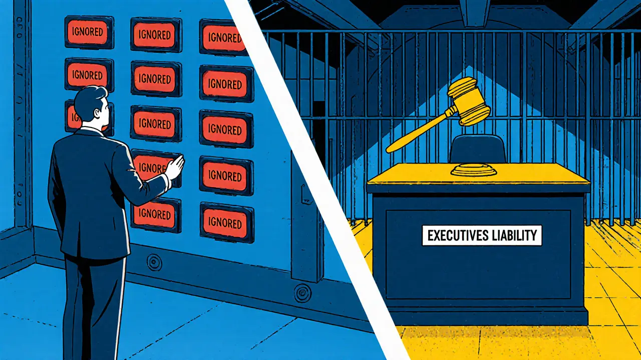 A compliance officer faces a wall of ignored alerts while a prison cell looms nearby, symbolizing executive liability.