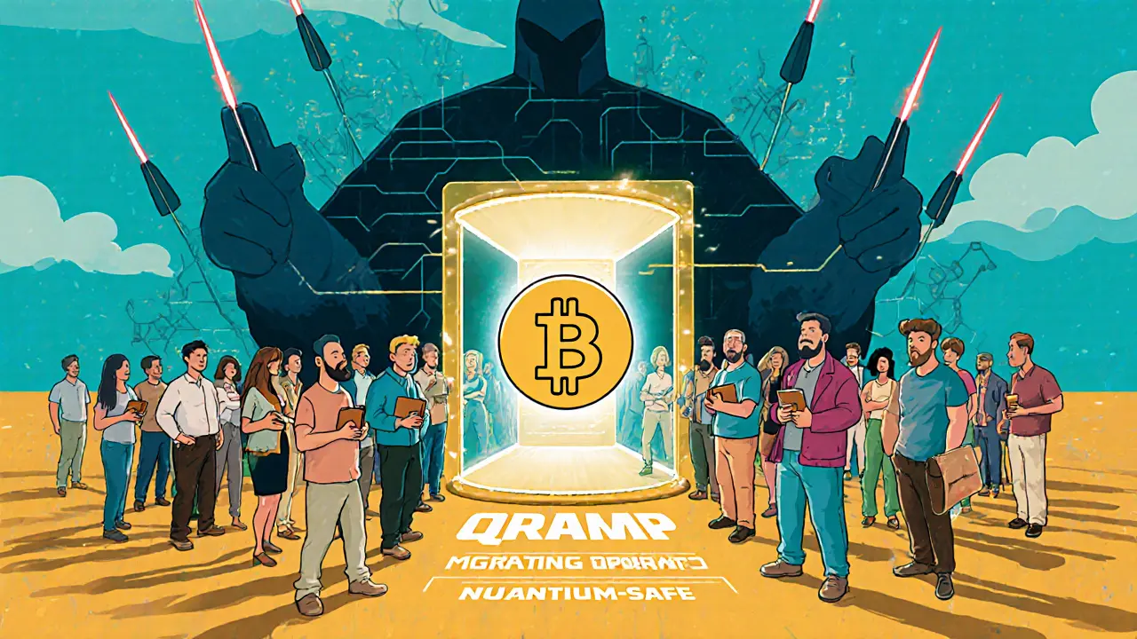 A crowd of Bitcoin holders approaching a glowing quantum-safe migration portal amid looming quantum threats.