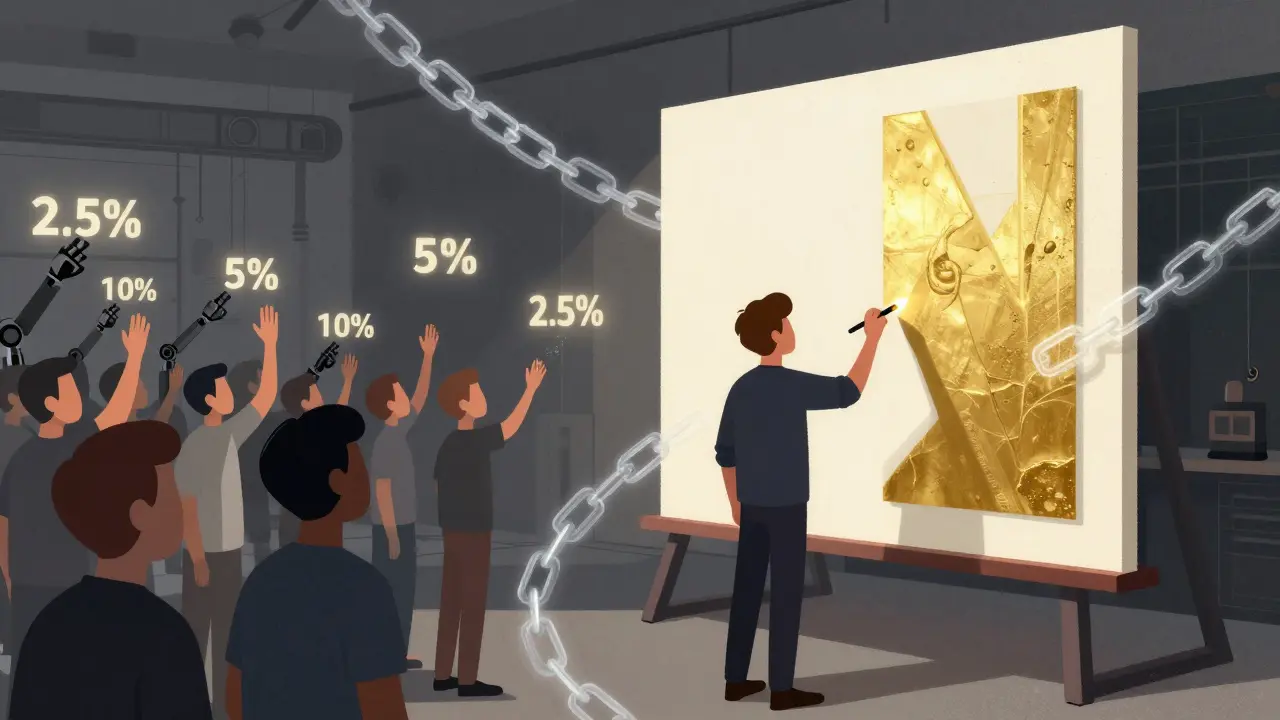 Artist painting an NFT as faceless buyers reach for copies, surrounded by fee percentages.