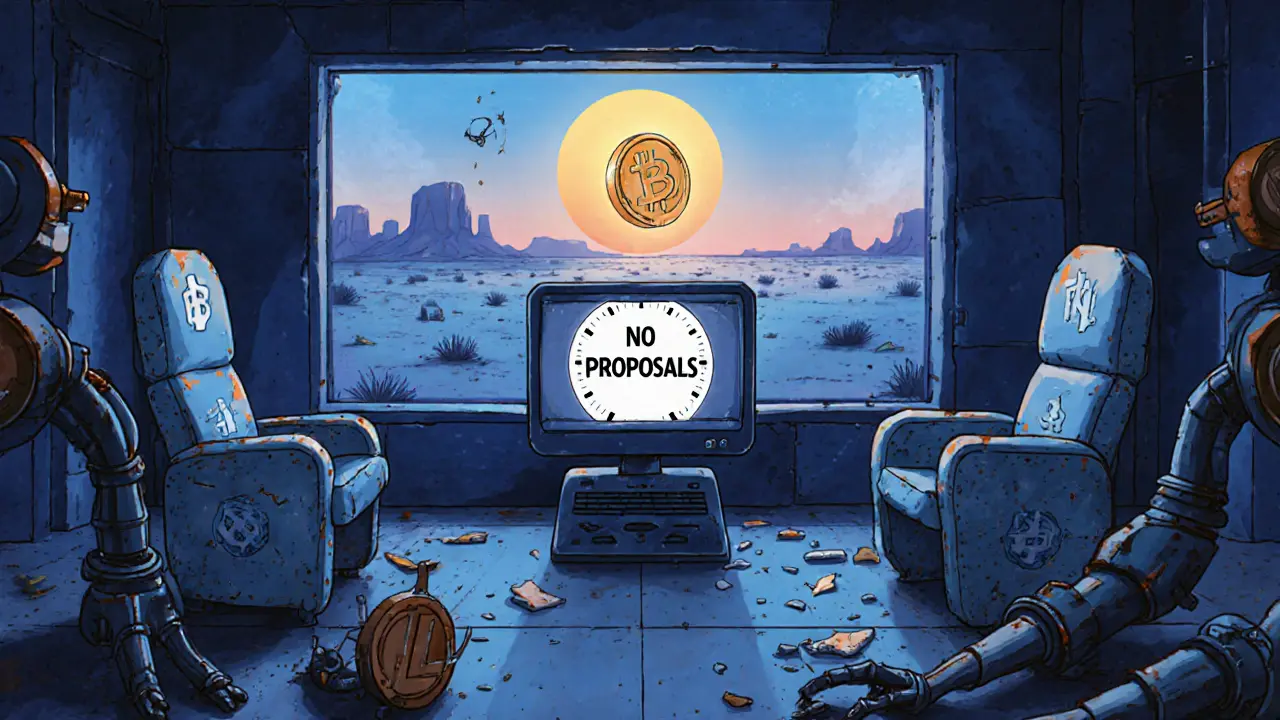 Empty DAO council chamber with dead screens and broken token thrones under a setting sun.