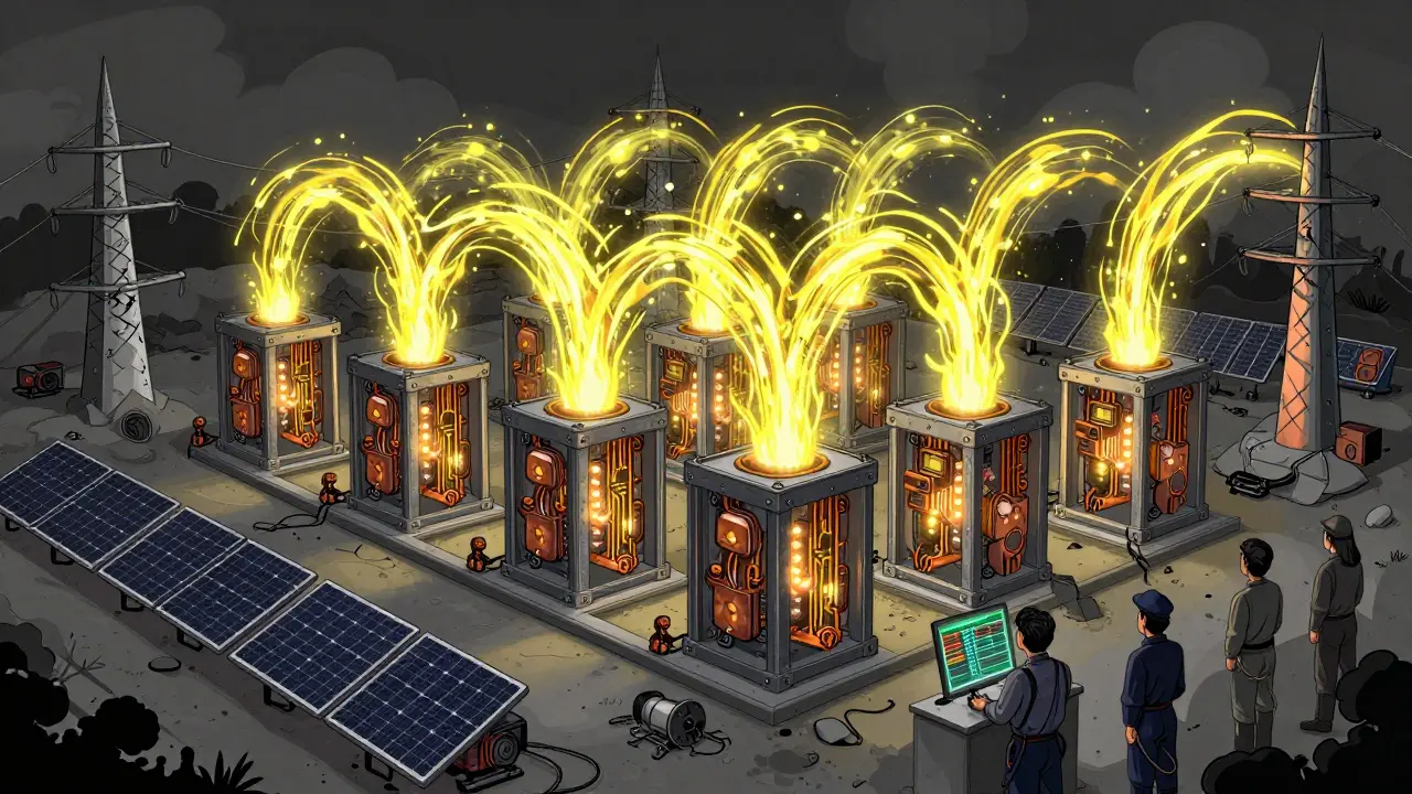 Hidden Bitcoin mine powered by surplus electricity with glowing rigs and shadowy observers.