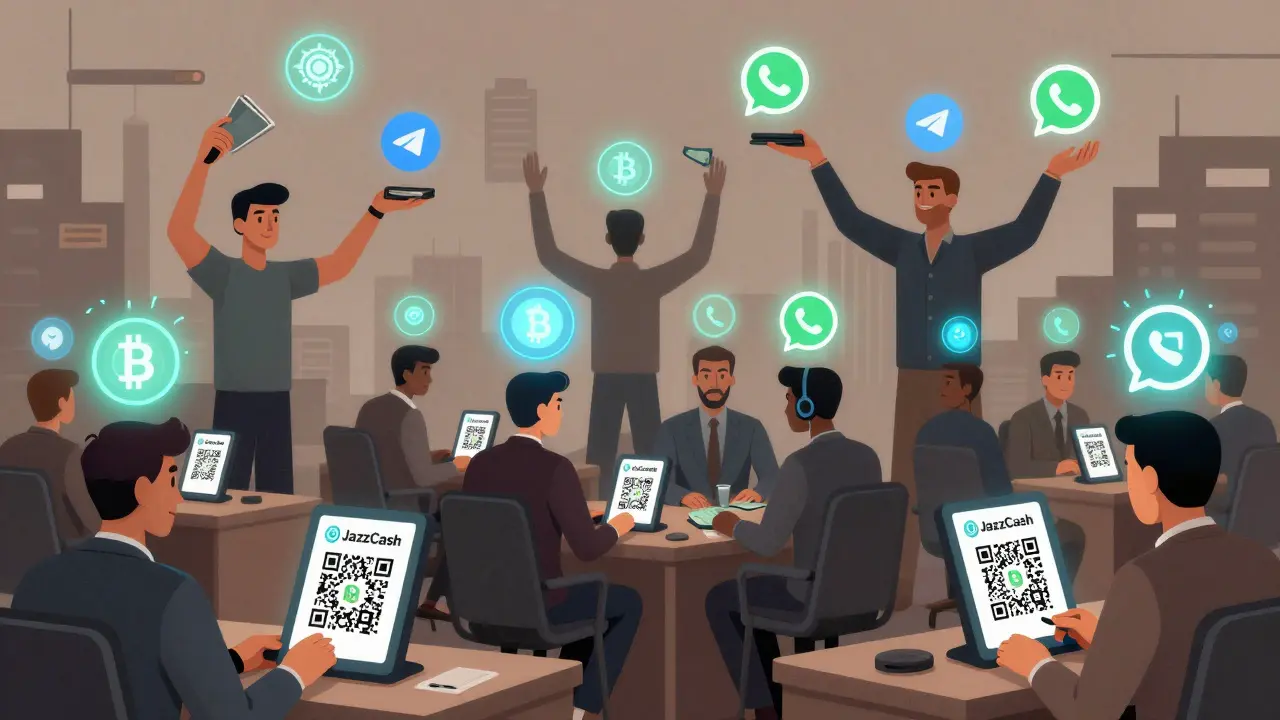 People trade crypto using QR codes in a vibrant urban hub with glowing digital icons.