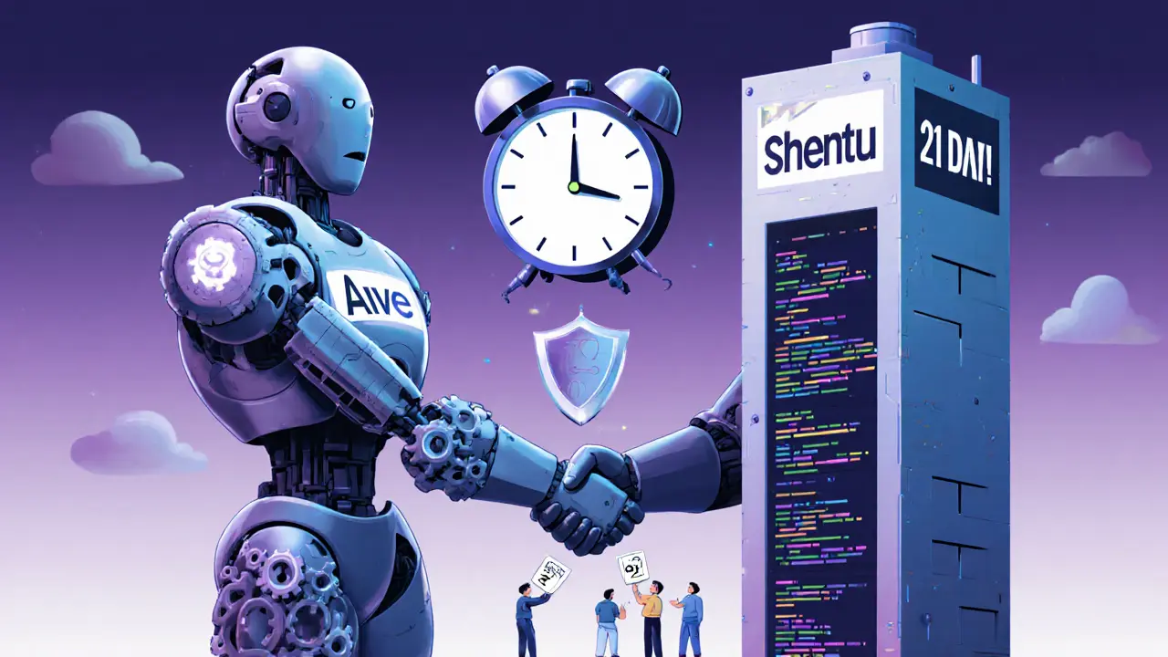 Robot and security tower shaking hands, forming a partnership with shields and code, users receiving refund vouchers.