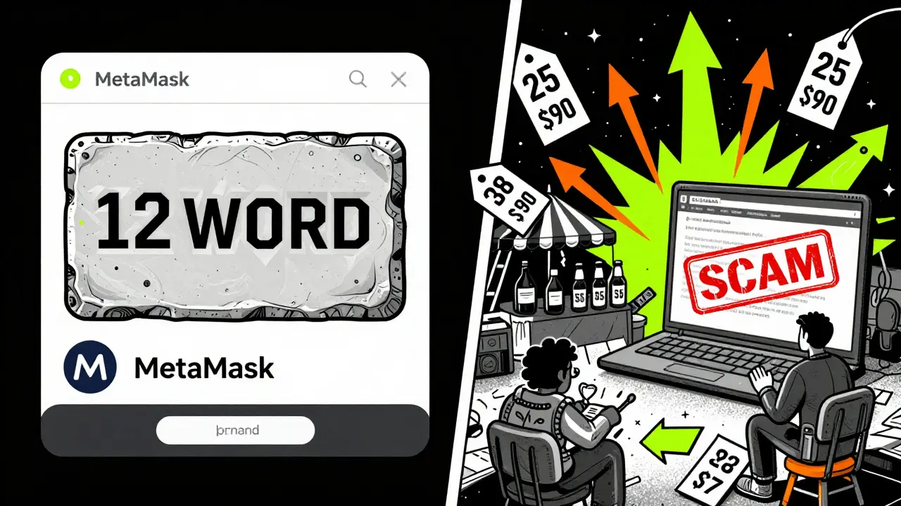 Wallet recovery phrase beside chaotic marketplace with scam warnings and gas fee arrows.