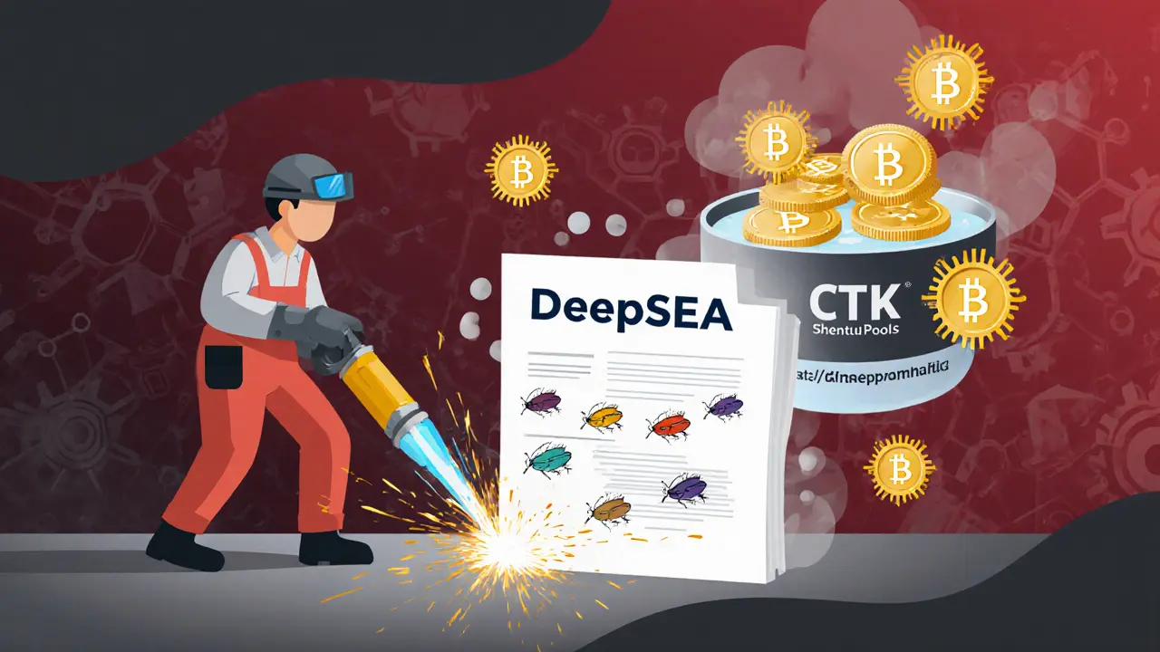 Worker welding a smart contract with DeepSEA, bugs dissolving as smoke, staked CTK tokens turning as golden gears.