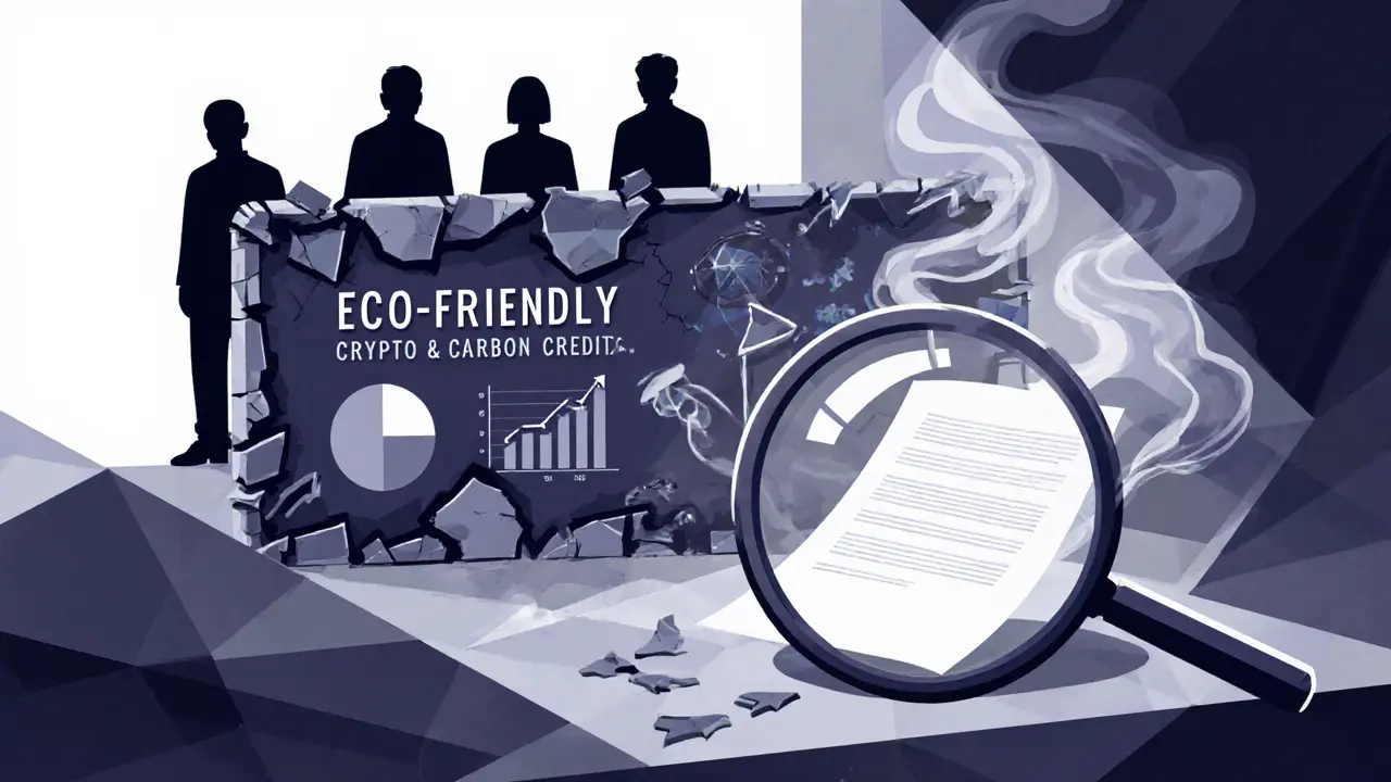 A faceless team behind a crumbling crypto billboard with a blank whitepaper under magnification.