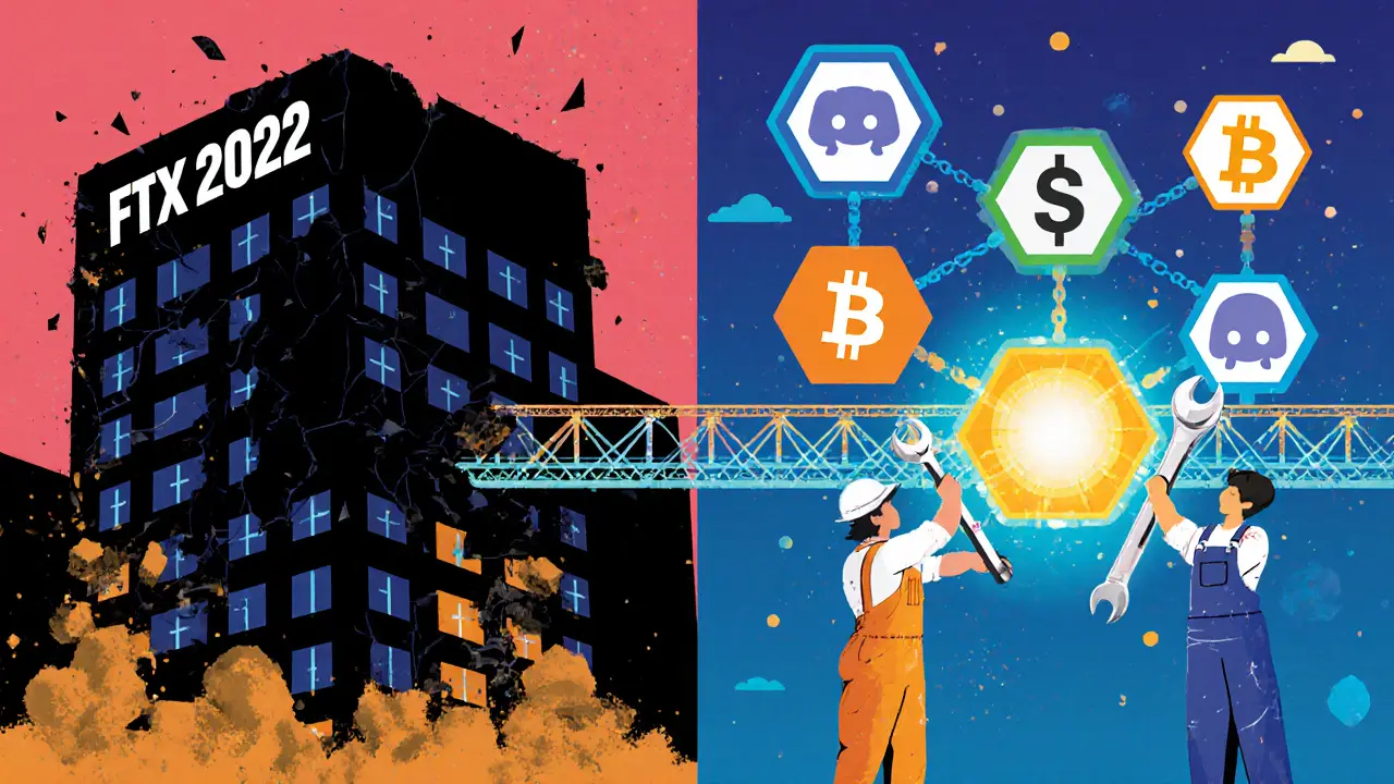 Collapsed FTX tower on left, vibrant decentralized Serum network on right with community developers repairing it.