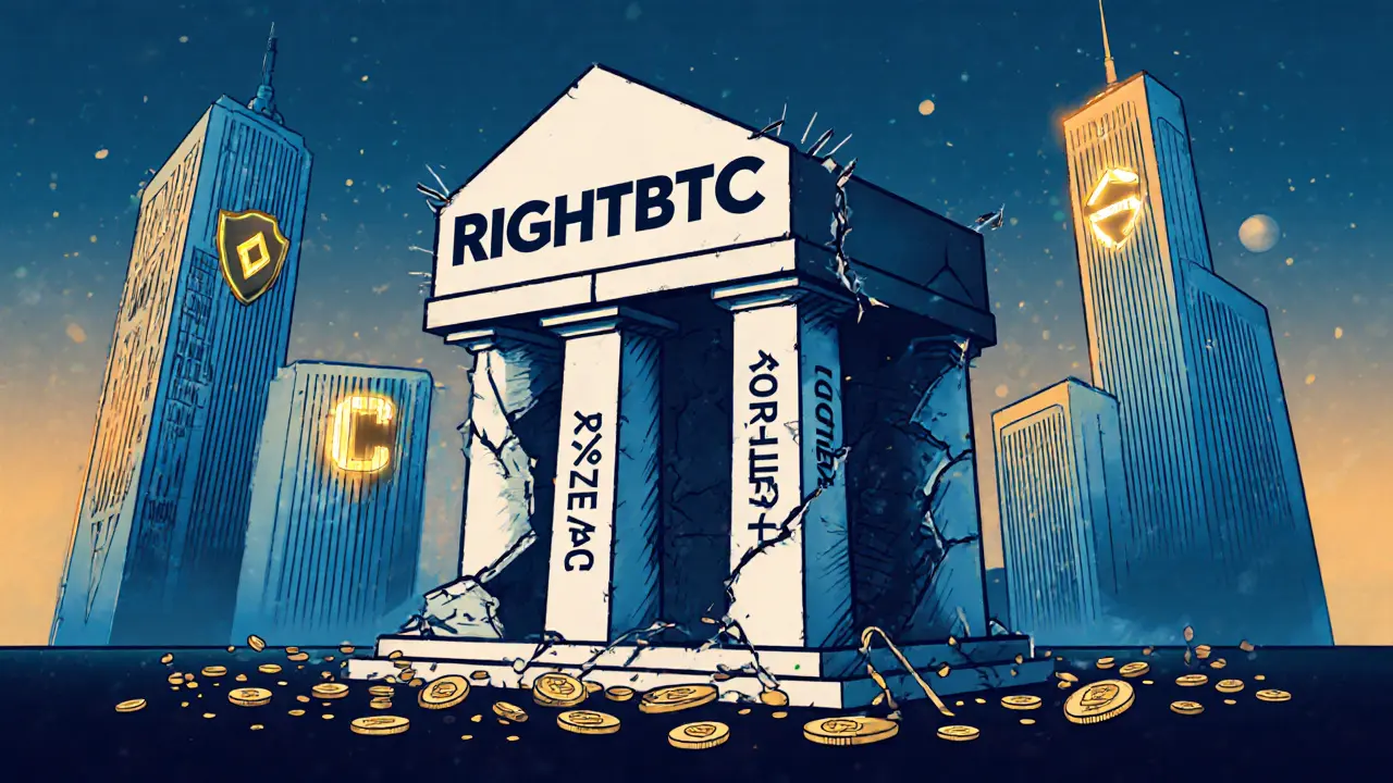 Crumbling RightBTC tower overshadowed by modern exchanges with audit shields and lost coins falling