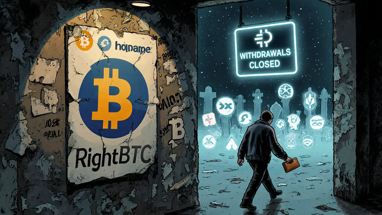 Faded RightBTC poster on warehouse wall as user walks away with hardware wallet toward dead exchange graveyard