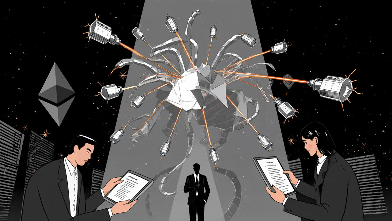 Malware beast pierced by micro-engines, with enterprise clients receiving threat feeds and gas fees flickering.