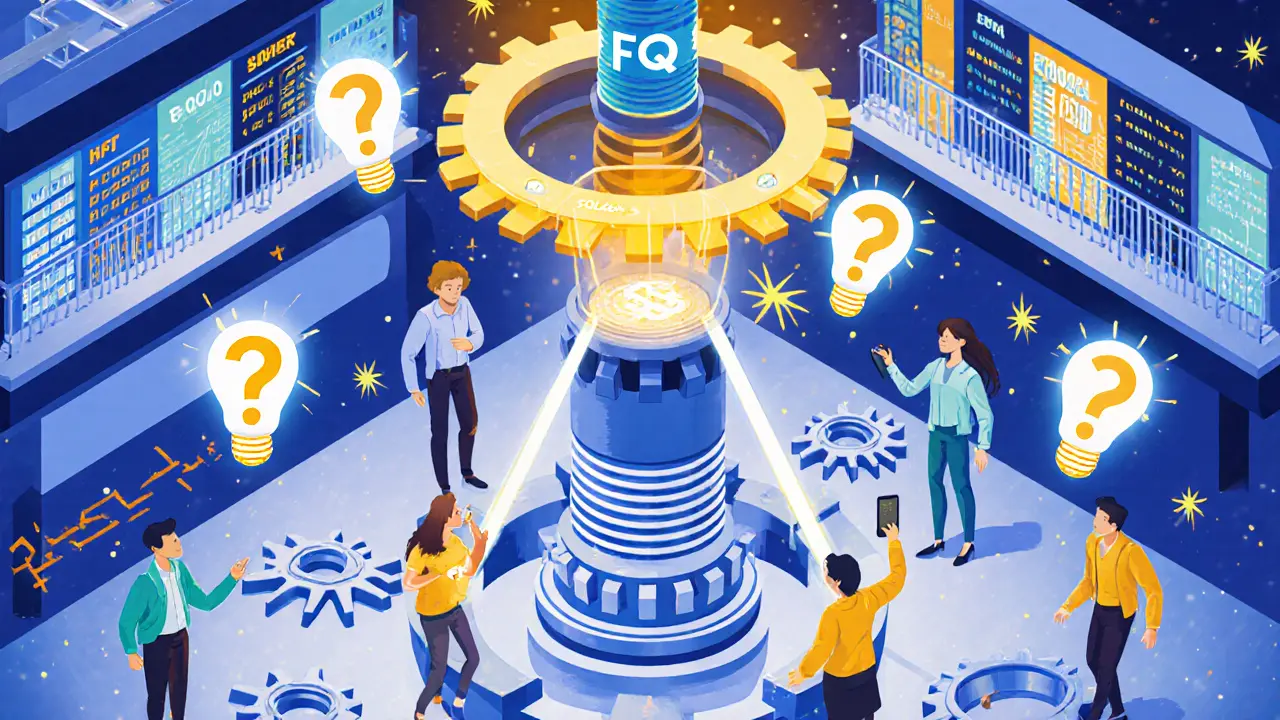 Mechanical trading floor with cogs and laser orders powered by Solana turbine, diverse traders observing.