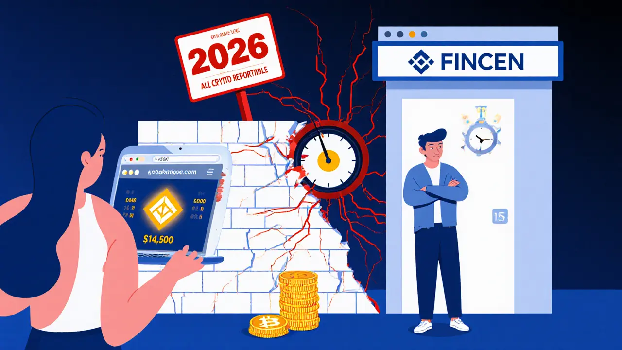 Split scene of crypto balance and FinCEN filing with crumbling rule wall