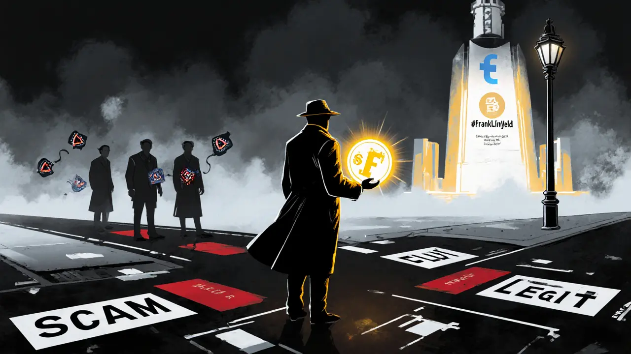 A figure at a crossroads choosing between scam and legit paths, holding a glowing FLY token as a beacon.