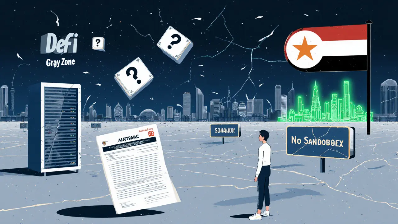 A lone developer in a barren DeFi gray zone, facing a blank AUSTRAC form while other countries thrive.