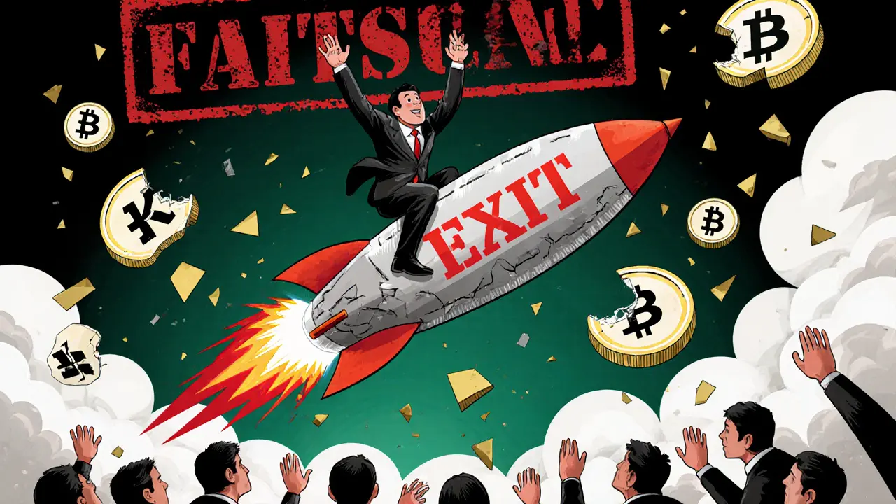 A scammer fleeing on a coin rocket while users reach helplessly toward shattered legitimate exchange logos.