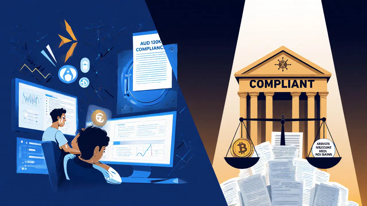 A small team struggles with compliance costs while a compliant vault glows beside them.