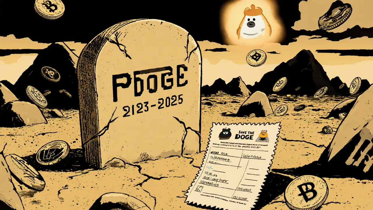 A tombstone for PDOGE stands in a digital wasteland, surrounded by unused tokens and silent bots.