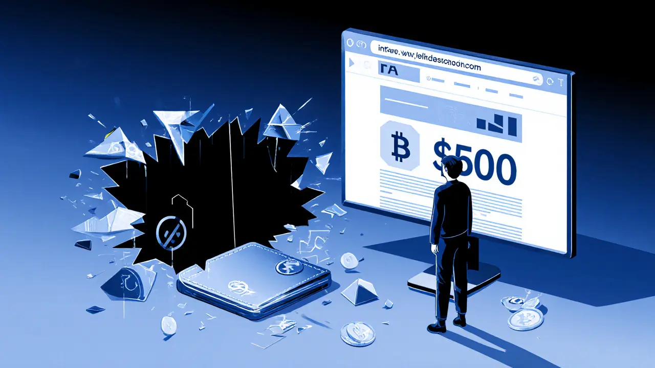 A user deceived by a fake crypto balance as their real funds vanish into a dark hole.