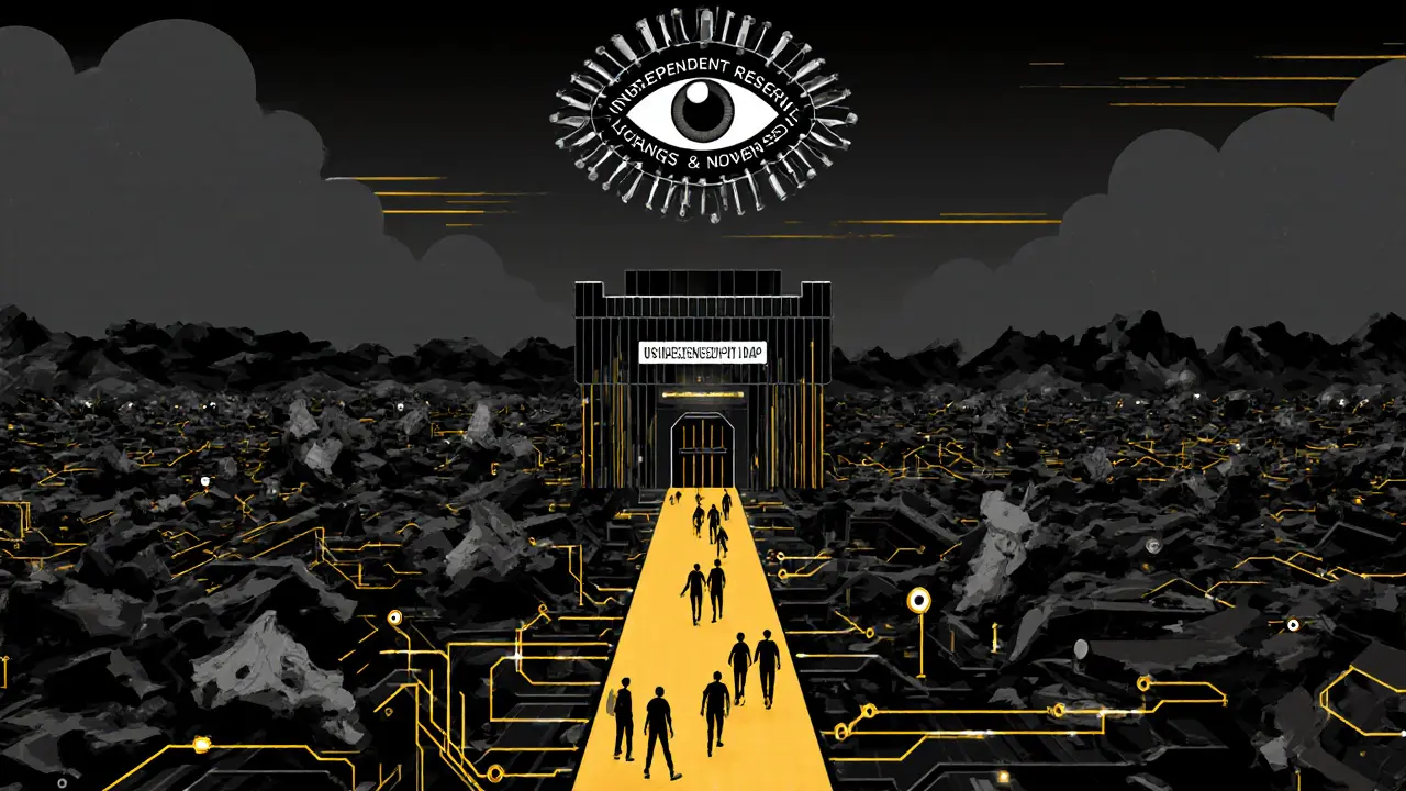 Dark unlicensed nodes crumble as one glowing licensed path leads to a fortified exchange tower.