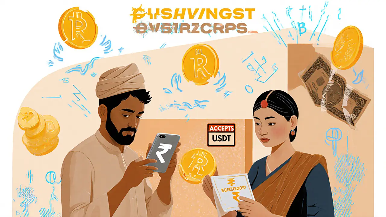 Family receiving USDT remittance in home, buying groceries as rupee bill turns into blockchain patterns.