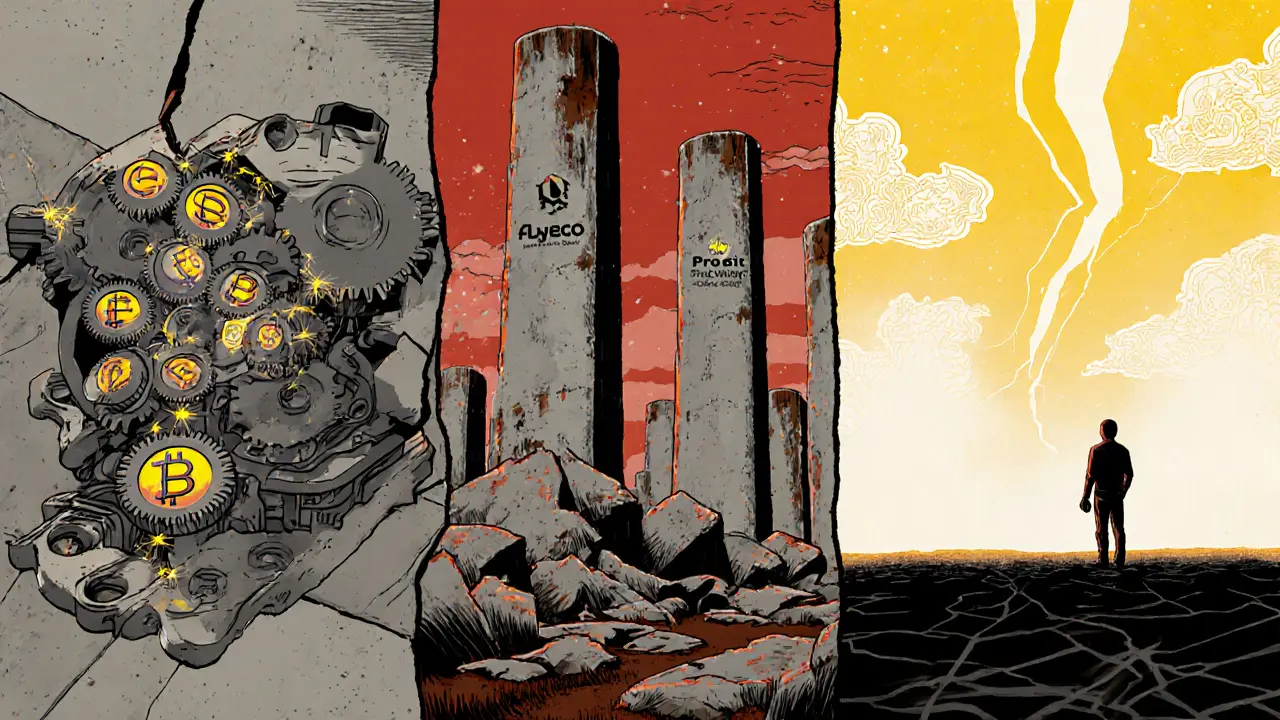 Fragmented mural of FLyECO ecosystem with staking, exchanges, and lone user in industrial Constructivist colors.