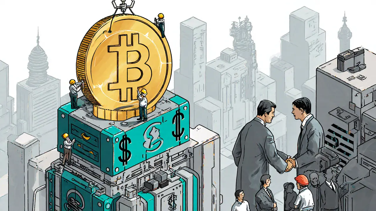 National digital currency tower in Karachi built from crypto blocks, citizens exchanging wallets instead of cash.