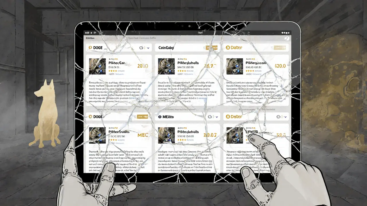 Seven crypto platforms display identical fake PDOGE descriptions, with robotic hands copying text in monotony.