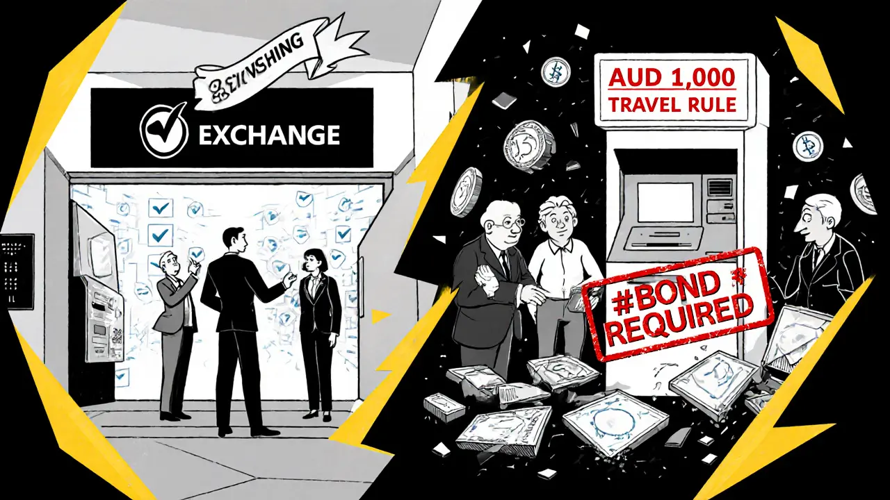 Split scene: compliant exchange vs chaotic crypto ATM with bond requirements and confused users.