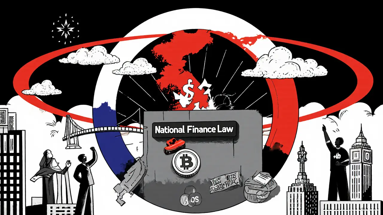 A color-shifting mood ring above Korea reflects crypto demand, with failing blockchain bridges hitting a wall labeled &#039;National Finance Law&#039;.