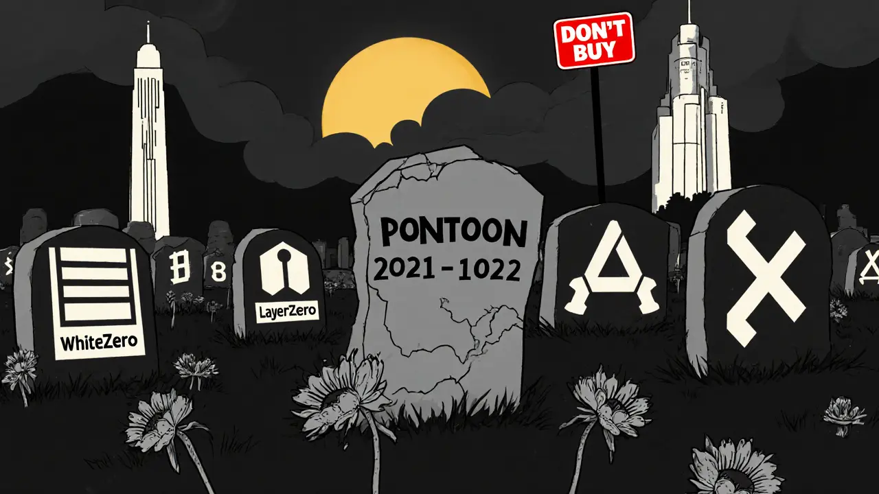 A crypto graveyard with a TOON tombstone surrounded by faded hype labels, contrasted with thriving competitors.