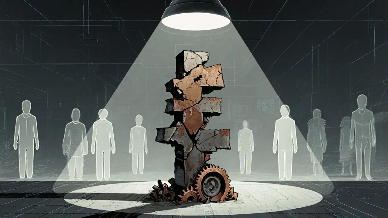 A hollow, abandoned TOON token statue standing alone in a digital void, rendered in Constructivist style.