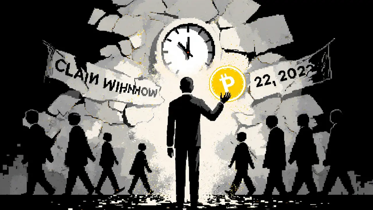 A solitary figure reaching for a fading PAINT token before a crumbling mural, with a &#039;Claim Window Closed&#039; banner and shadowy figures walking away.