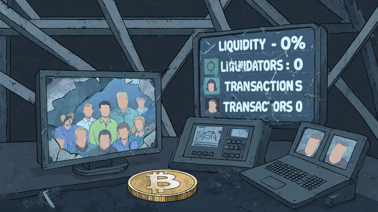 An abandoned control room with zero liquidity displays and a lone TOON token on a dusty console.