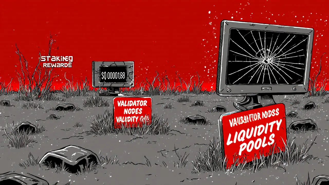 An empty digital landscape with abandoned smart contract panels and a display showing near-zero value, Constructivist illustration.