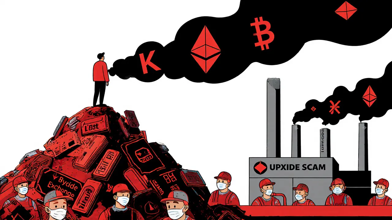 Figure atop pile of lost wallets, real exchanges glowing in distance, UPXIDE factory spewing stolen crypto smoke in Constructivist art.