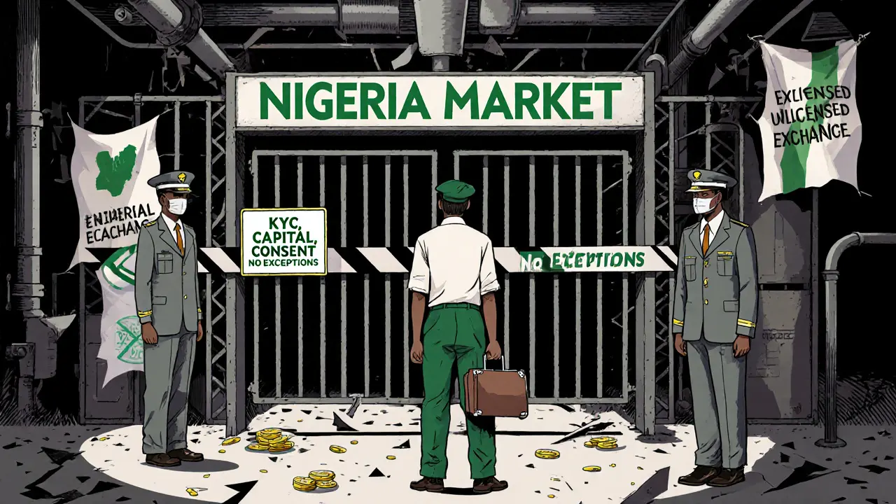 Foreign operator barred from Nigeria&#039;s crypto market by stern regulators with compliance signs and broken unlicensed platforms.