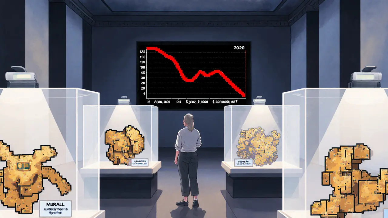 Museum exhibit displaying preserved MurAll NFT fragments as historical artifacts, with a price chart plummeting in the background.