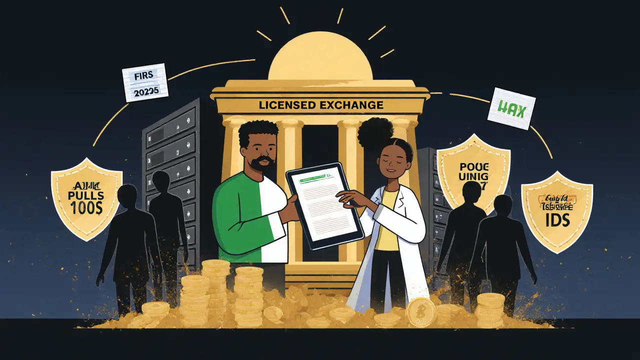 Nigerian family trading crypto safely under shields of compliance, while scam figures disintegrate and tax documents glow above.