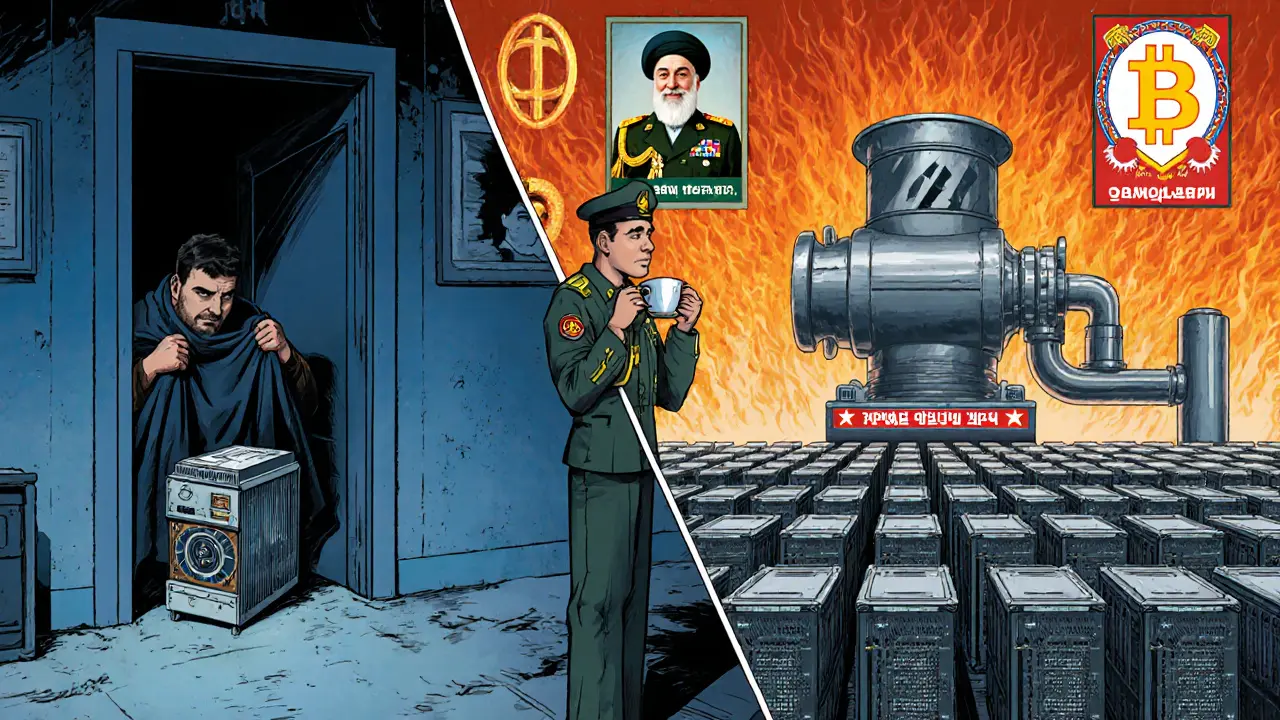 Private miner hiding from authorities vs. IRGC officer overseeing massive state-run mining operation.