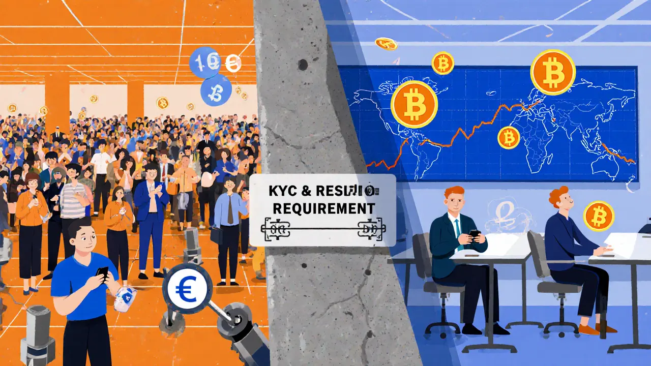 Split scene: excited Korean traders on one side, indifferent global analysts on the other, separated by a wall labeled with banking rules.