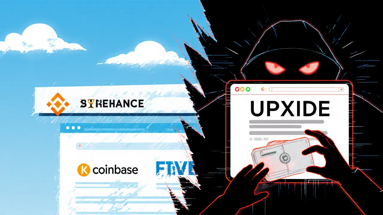 Split scene: legitimate crypto exchanges on one side, fake UPXIDE scam site on the other, with shadowy theft in geometric style.