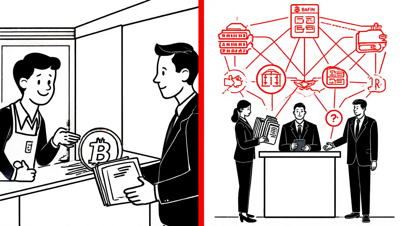 Split scene: simple Bitcoin payment vs. corporate compliance submission with security icons and red data lines.
