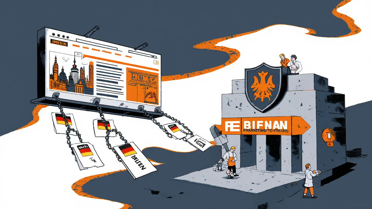 U.S. crypto billboard being pulled down by chains labeled &#039;Marketing to Germans&#039; as a licensed exchange rises nearby.