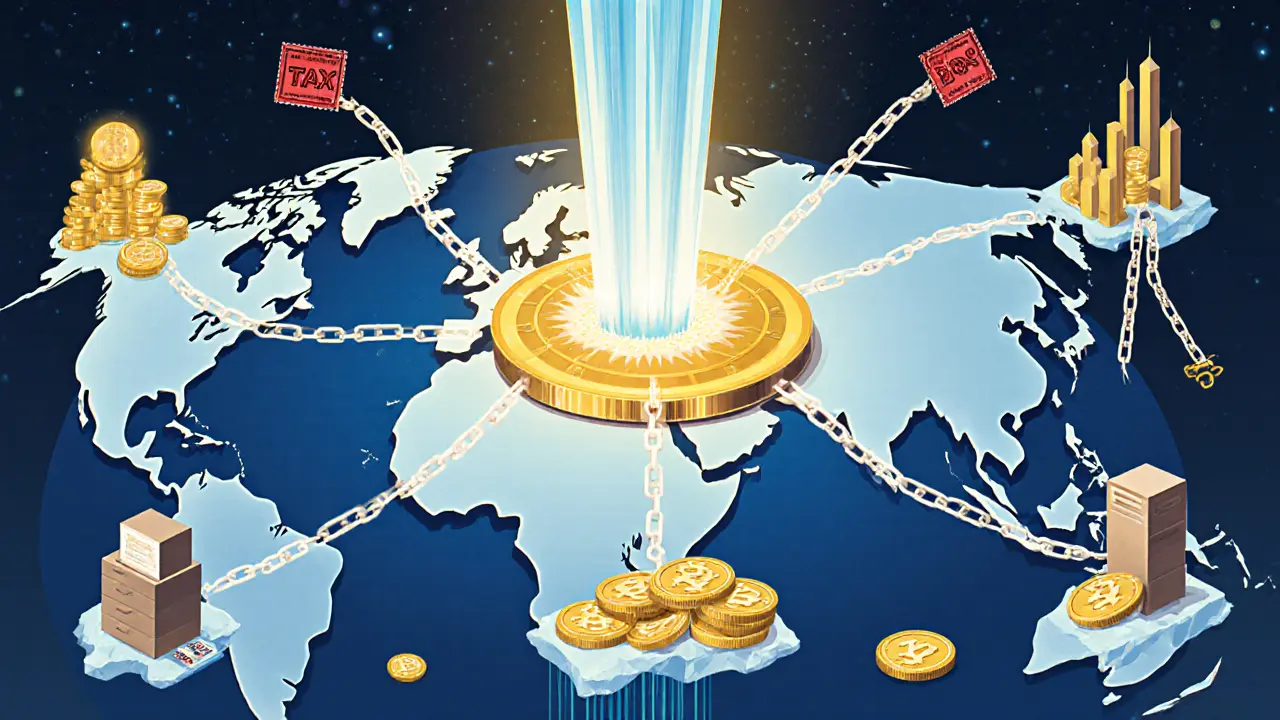 A global map showing crypto flows toward the UAE, while other nations are weighed down by tax chains.