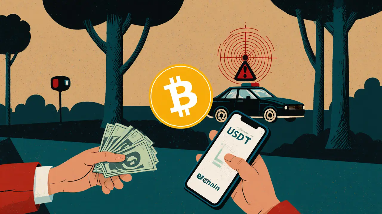 A student exchanges cash for USDT in a park, with a Bitcoin symbol floating between them.