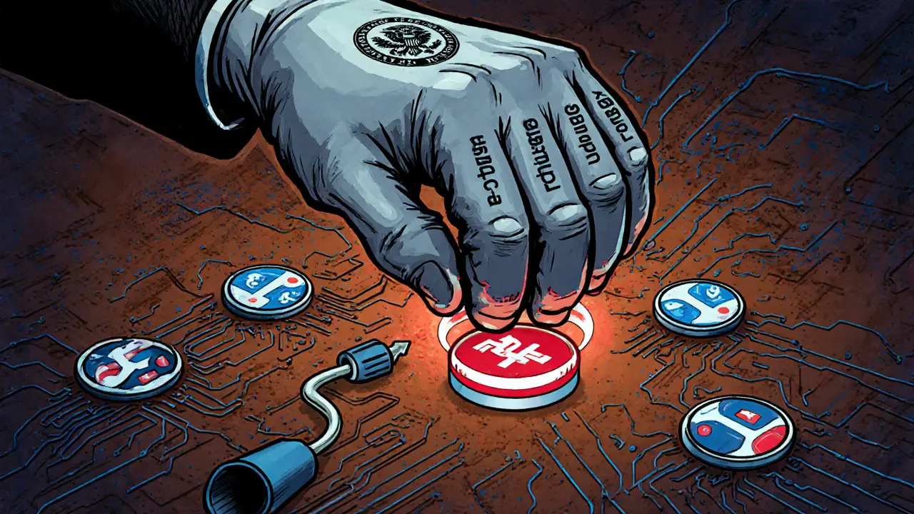 Regulatory hand crushing blockchain nodes, with VPN tunnel resisting geo-blocks in industrial style.