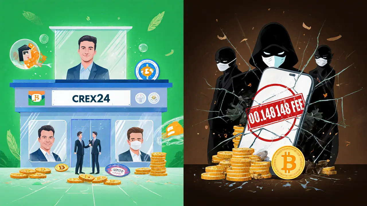 Split scene: transparent trusted exchange vs. shadowy Crex24 with a crushing fee stamp.