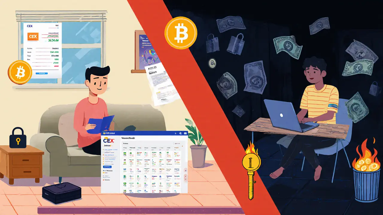 Split scene: U.S. user trading with bank link vs. Venezuelan user using DEX amid burning currency.